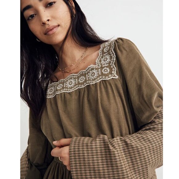 MADEWELL Embroidered Square Neck Corduroy Minidress, Small (2/4), Tan, NWT‎ - Picture 15 of 17